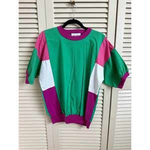 Vintage 80's SK Sport Short Sleeve Green Pink White T-Shirt Size Large NWT
